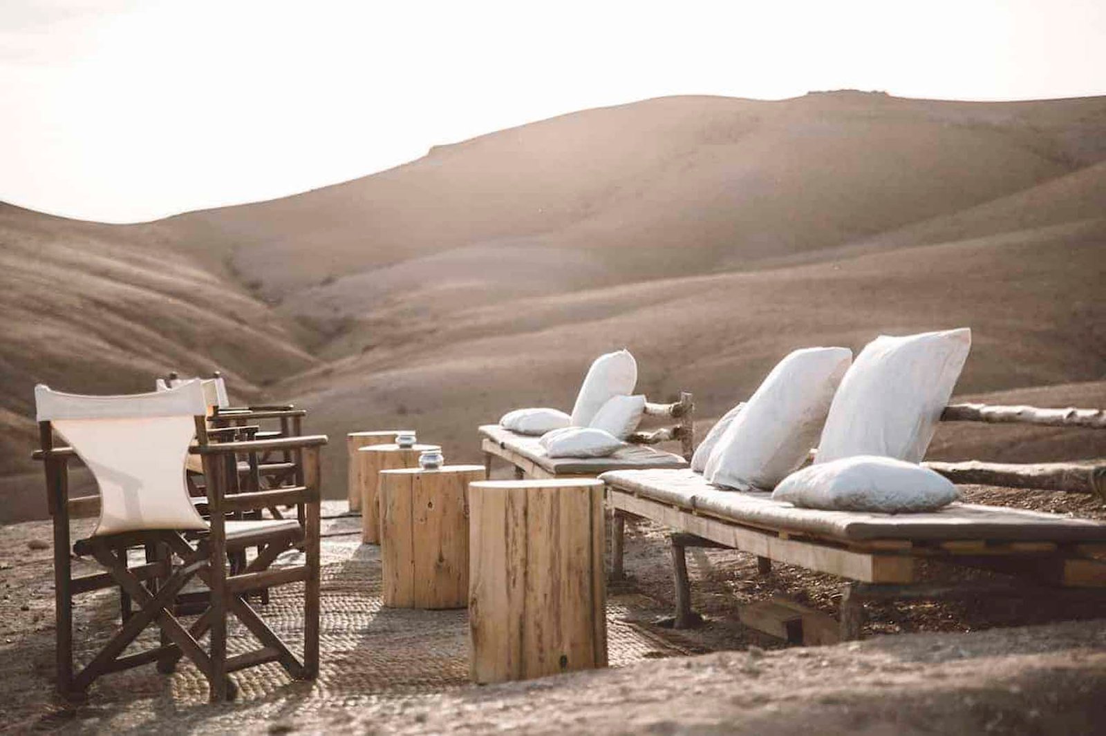 Sunset lounge seating in the rocky Agafay desert near Marrakech